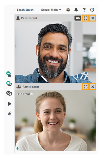Video layout & Control of participants' video layout in VEDAMO Virtual Classroom: The fullscreen/hide options can be controlled by the participants