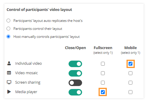 Video layout & Control of participants' video layout in VEDAMO Virtual Classroom: Example of different full-screen mode based on device type