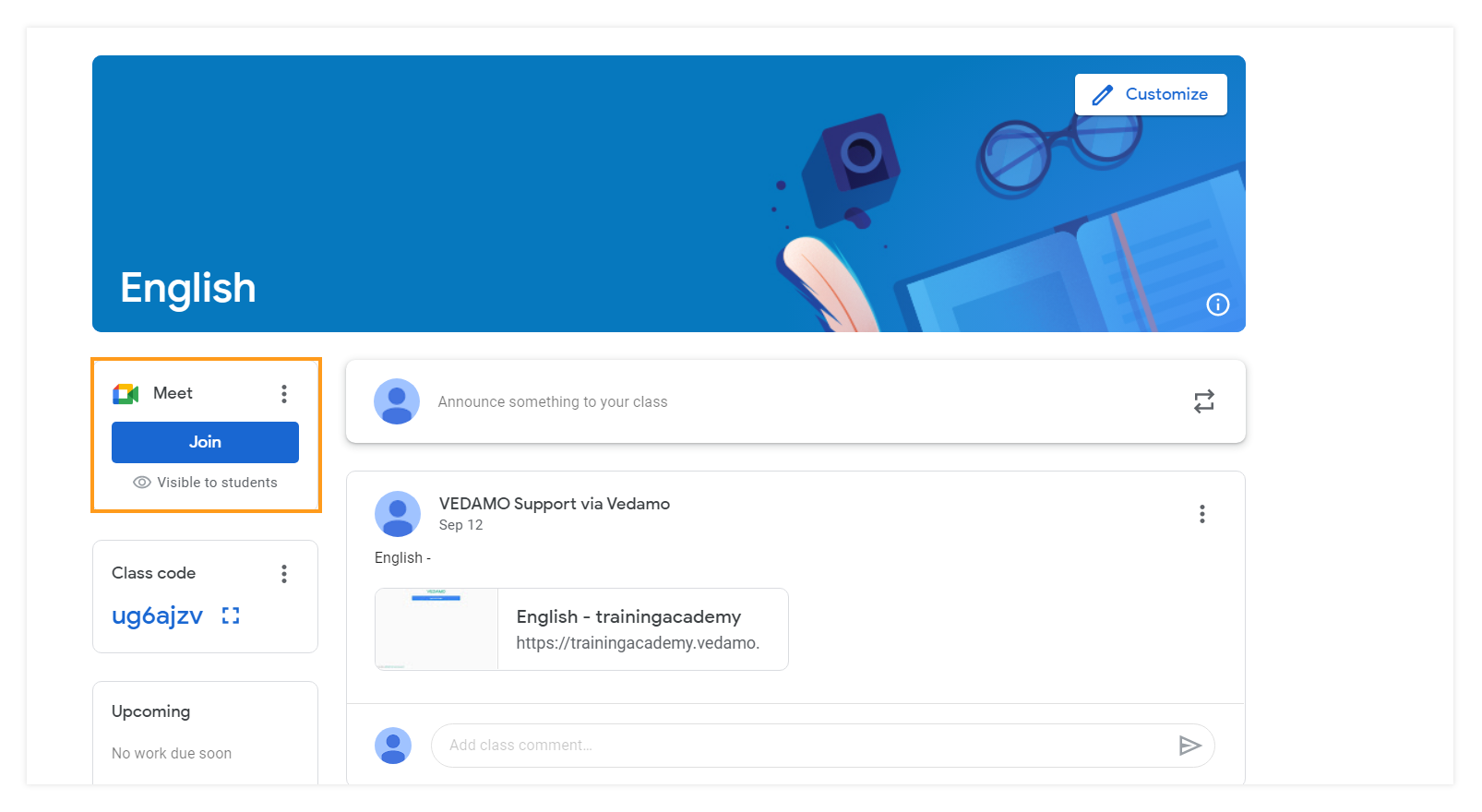 Permanent Links in the VEDAMO platform: Students' Google Classroom dashboard
