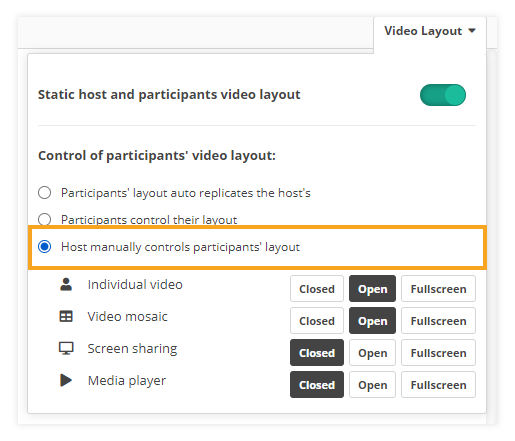 Video layout & Control of participants' video layout in VEDAMO Virtual Classroom: Full manual control by the host
