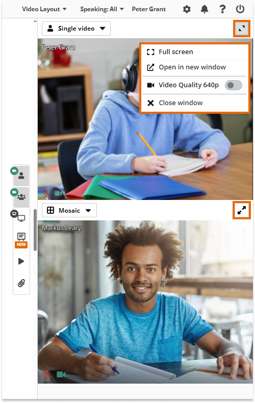 Video layout & Control of participants' video layout in VEDAMO Virtual Classroom: The fullscreen/hide options can be controlled by the participants