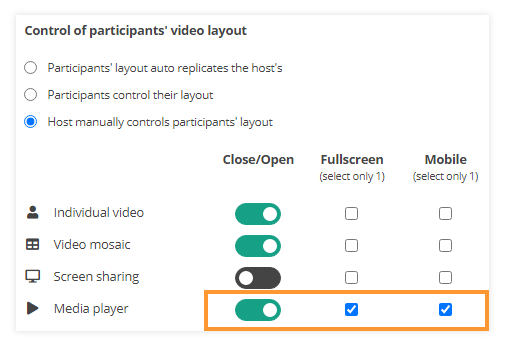 Video layout & Control of participants' video layout in VEDAMO Virtual Classroom: Example when the Media player is on full screen for all devices