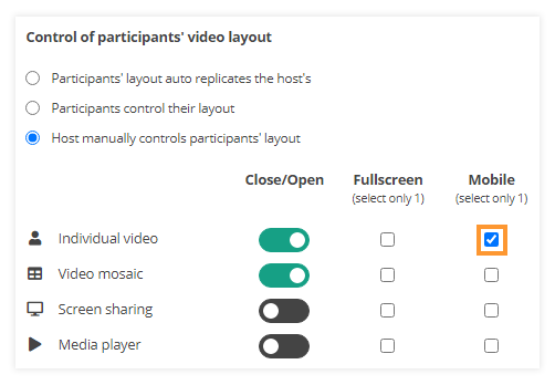 Video layout & Control of participants' video layout in VEDAMO Virtual Classroom: Example when the individual video is open for mobile devices