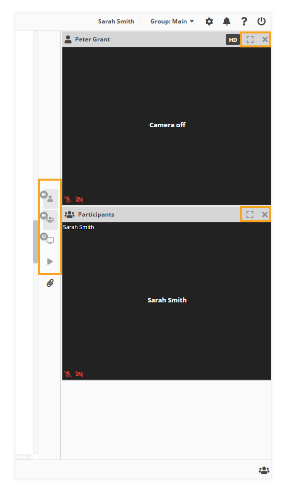 Video layout & Control of participants' video layout in VEDAMO Virtual Classroom: Example when the participant's layout replicates the host's some of the buttons are disabled for the participant's
