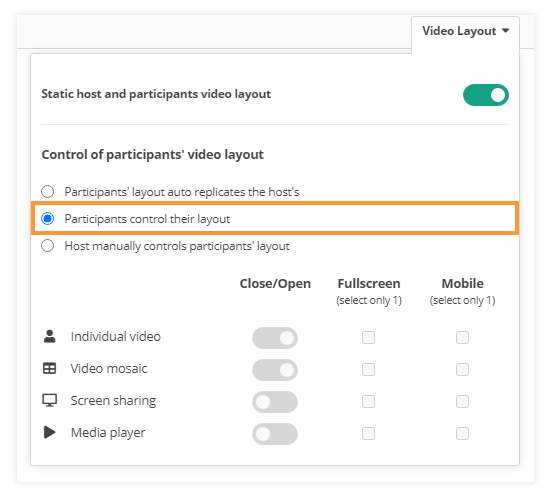 Video layout & Control of participants' video layout in VEDAMO Virtual Classroom: Independent participant's control option