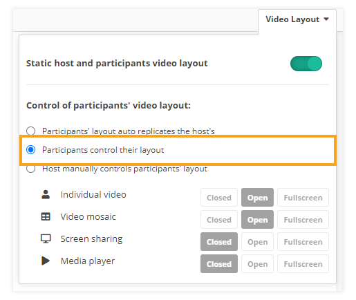 Video layout & Control of participants' video layout in VEDAMO Virtual Classroom: Independent participant's control option