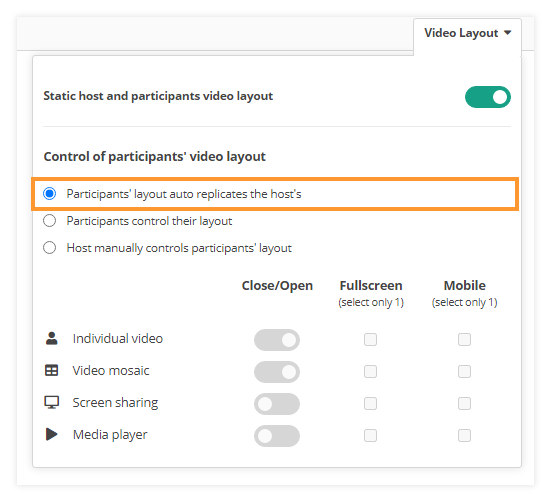 Video layout & Control of participants' video layout in VEDAMO Virtual Classroom: Auto replicate layout functionality