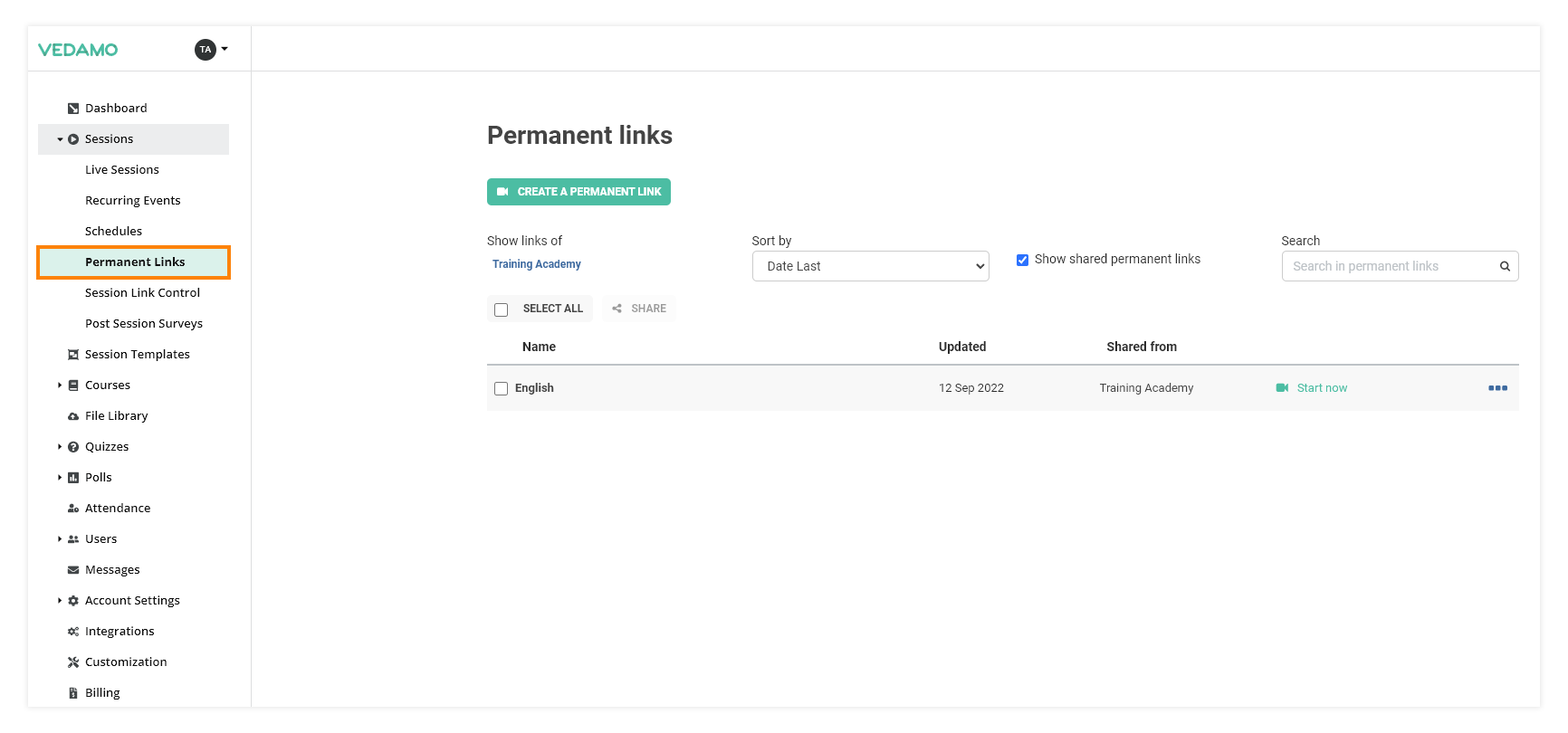 Permanent Links in the VEDAMO platform: list of permanent links