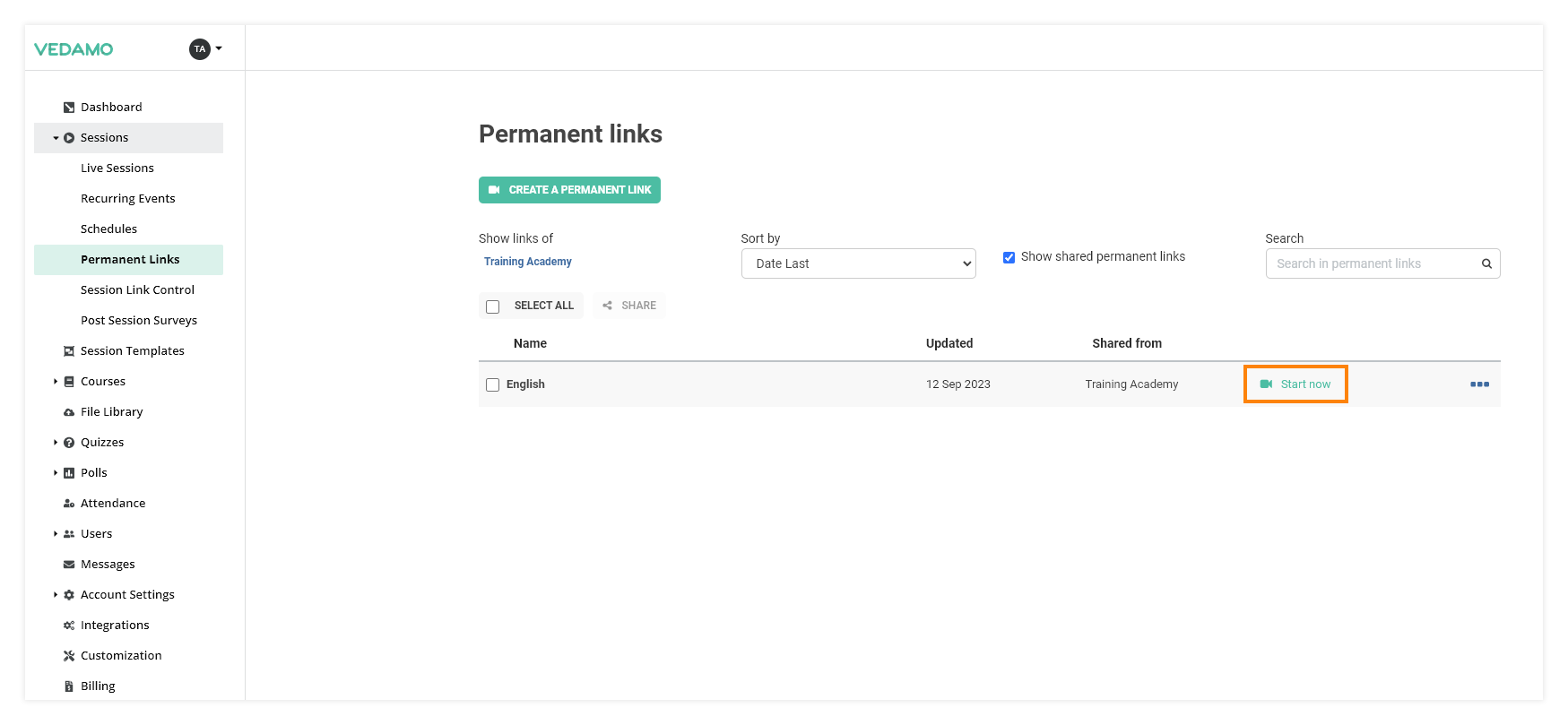 Permanent Links in the VEDAMO platform: by pressing the Start now button a session utilizing the permanent link will be launched