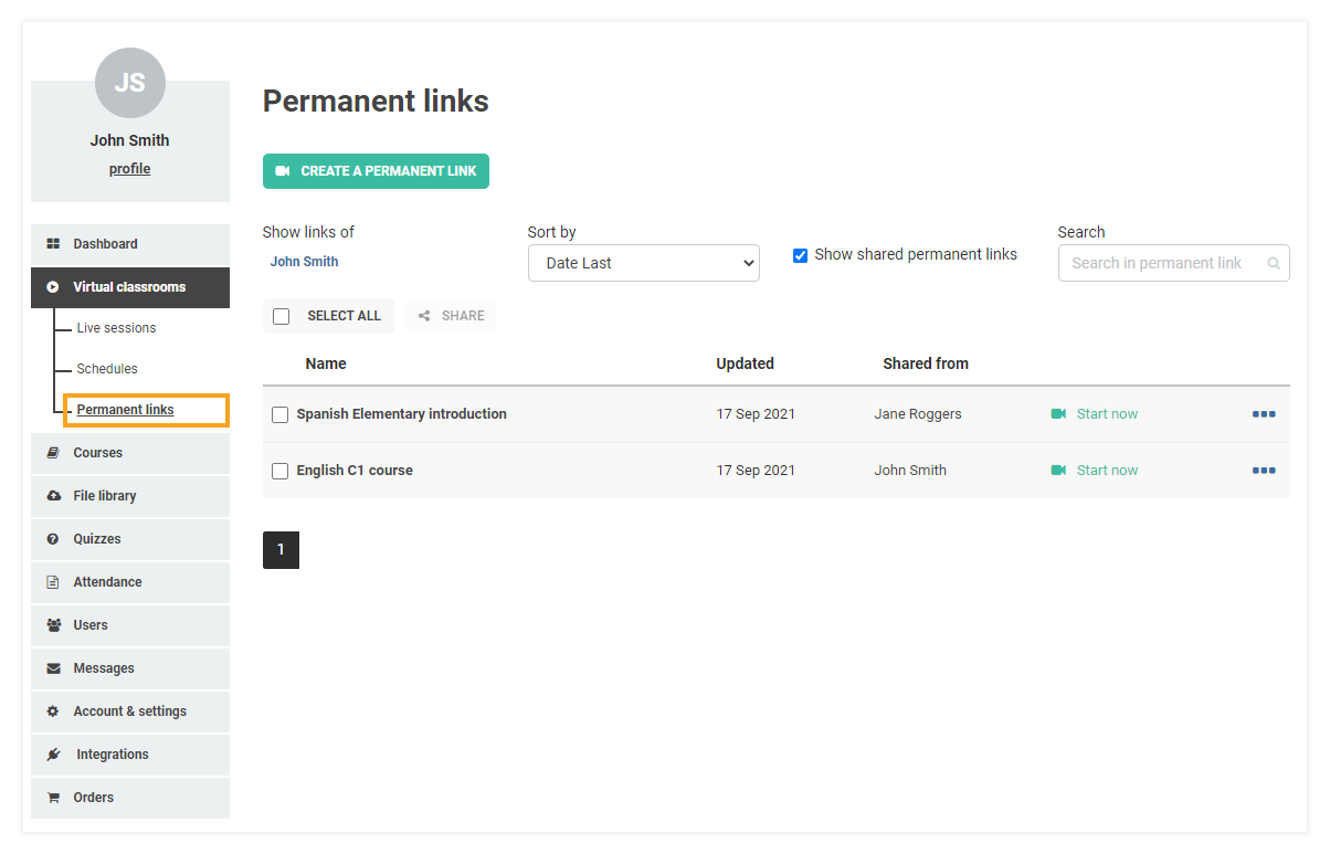 Permanent Links in the VEDAMO platform: list of permanent links