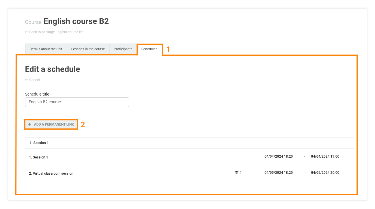 Permanent Links in the VEDAMO platform: adding a permanent link to a course schedule