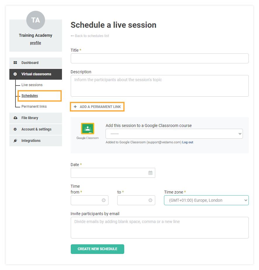 Permanent Links in the VEDAMO platform: adding a permanent link to a stand-alone scheduled Virtual classroom session 