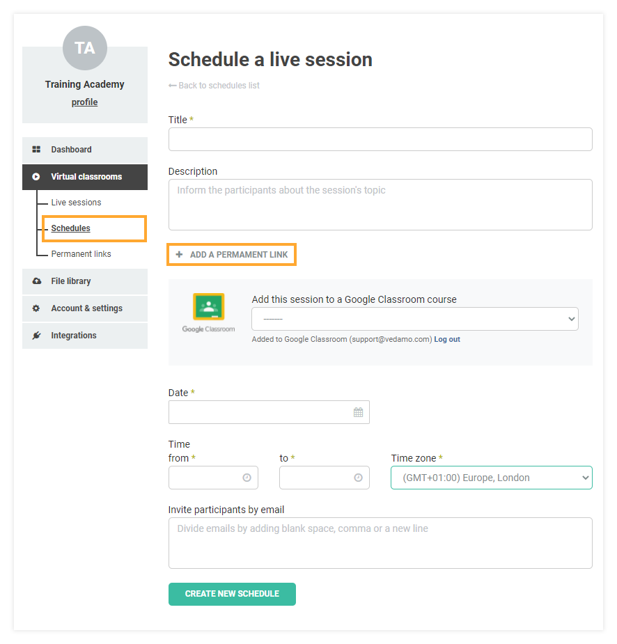 Permanent Links in the VEDAMO platform: adding a permanent link to a stand-alone scheduled Virtual classroom session