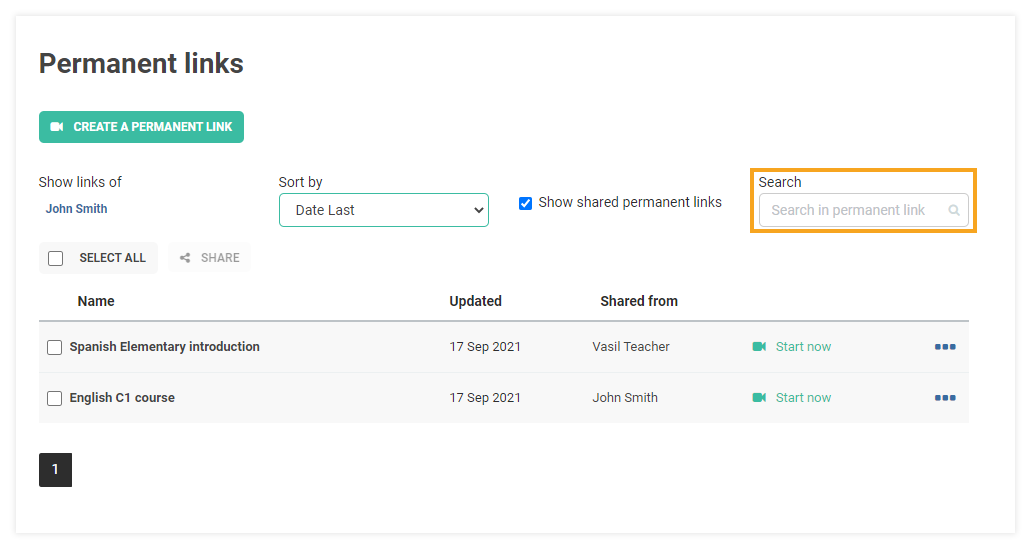 Permanent Links in the VEDAMO platform: location of the search bar