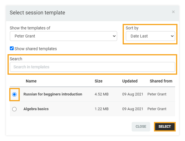 Permanent Links in the VEDAMO platform: When selecting a template you can use the search option as well as the sort filters