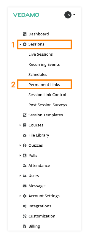Permanent Links in the VEDAMO Learning Management System: location of the permanent links 