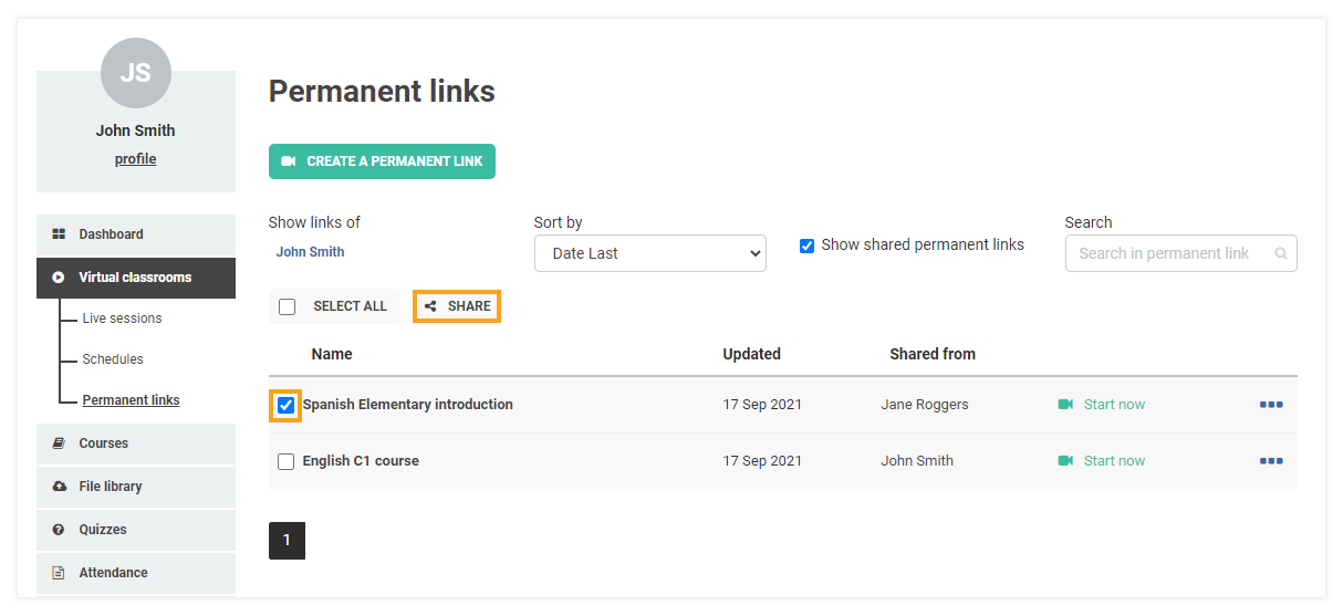 Permanent Links in the VEDAMO platform: after you have ticked the correct box next to the permanent link the share option can be used