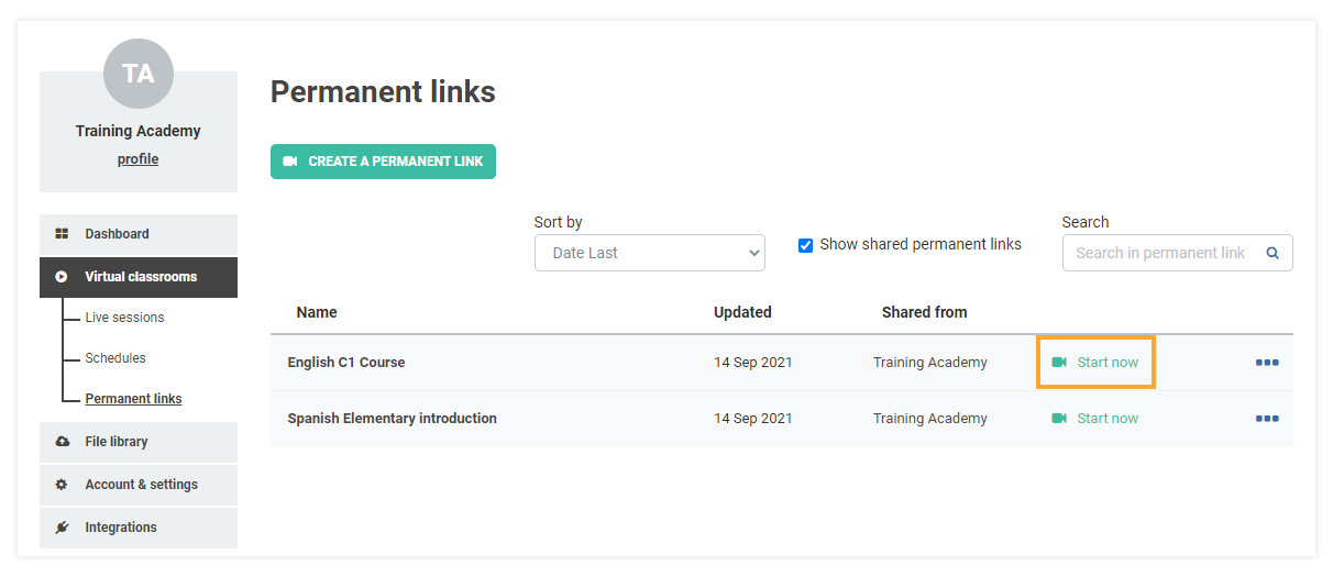 Permanent Links in the VEDAMO platform: You can start a permanent link session from the Start now button