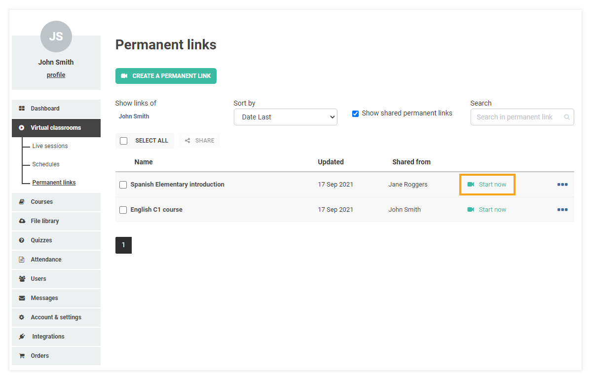 Permanent Links in the VEDAMO platform: by pressing the Start now button a session utilizing the permanent link will be launched