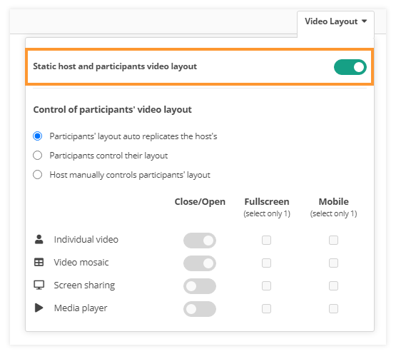 Video layout & Control of participants' video layout in VEDAMO Virtual Classroom: Static video layout mode switched on