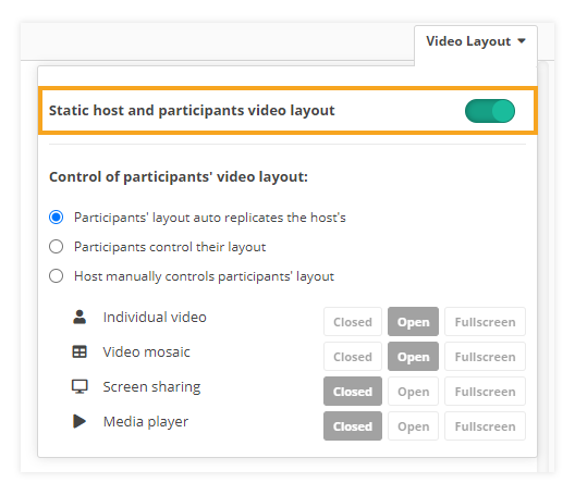 Video layout & Control of participants' video layout in VEDAMO Virtual Classroom: Static video layout mode switched on