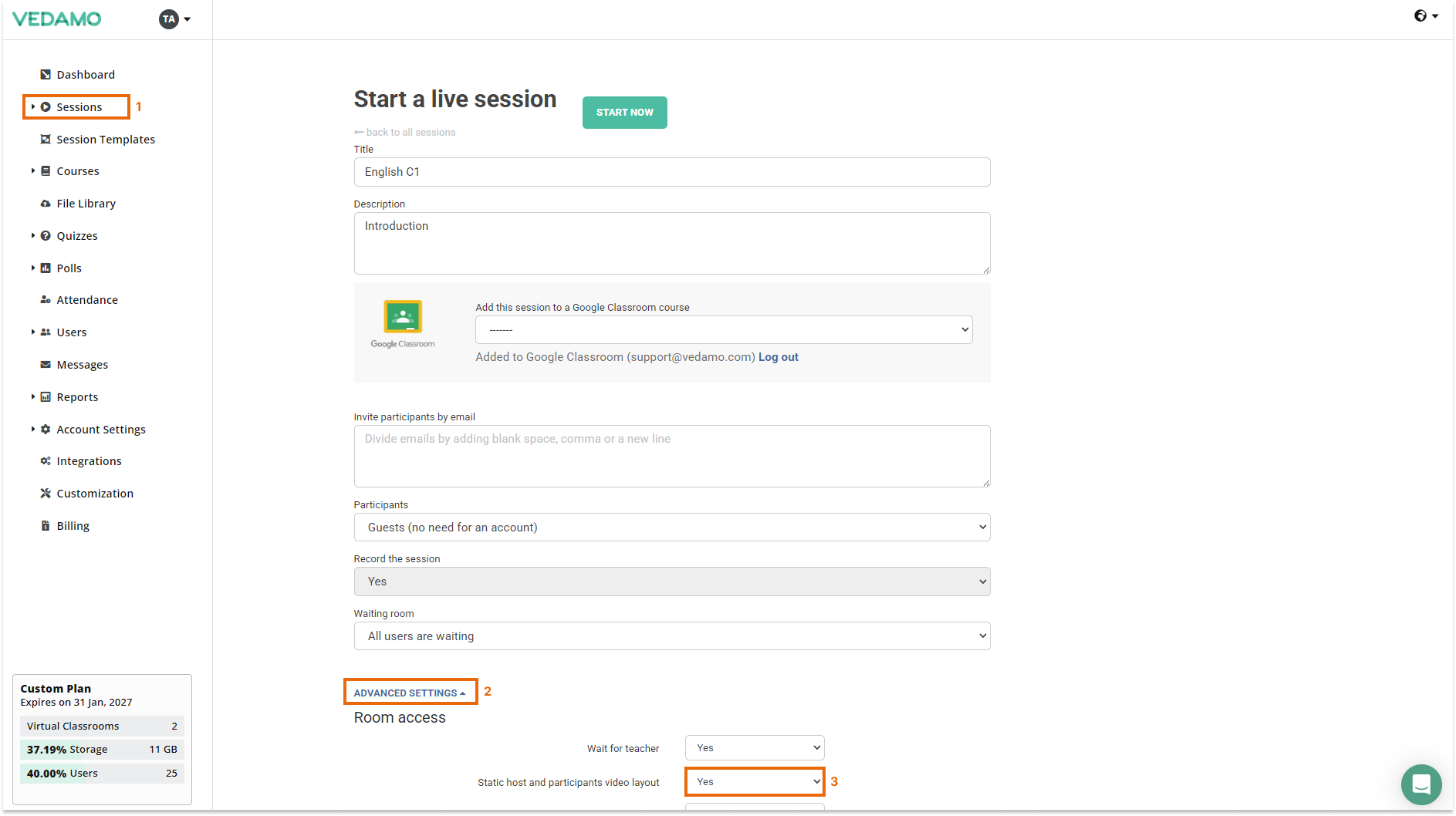 Video layout & Control of participants' video layout in VEDAMO Virtual Classroom: Static video layout option visible for the host before starting the session