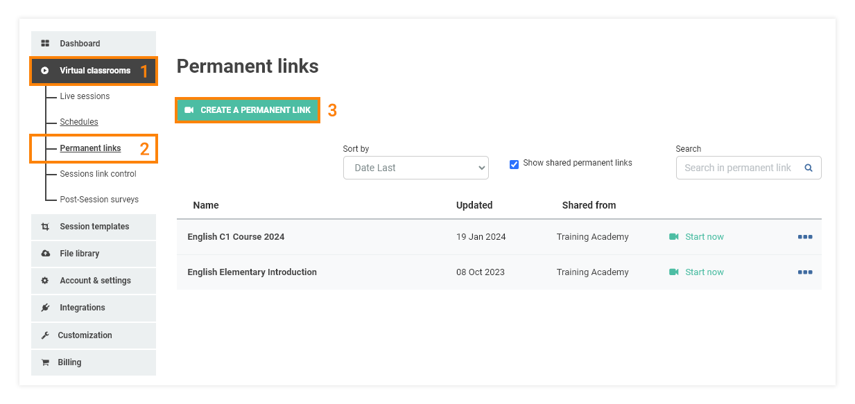 Permanent Links in the VEDAMO platform: Before you attach the Permanent link to the Google classroom you will have to create it first (unless you have created any prior to that point)