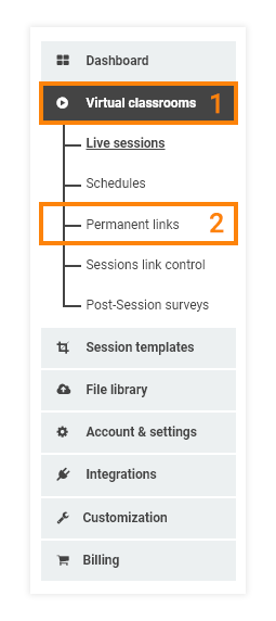 Permanent Links in the VEDAMO platform: location of the permanent links in the Virtual classroom plan 