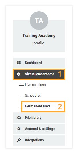 Permanent Links in the VEDAMO platform: location of the permanent links in the Virtual classroom plan
