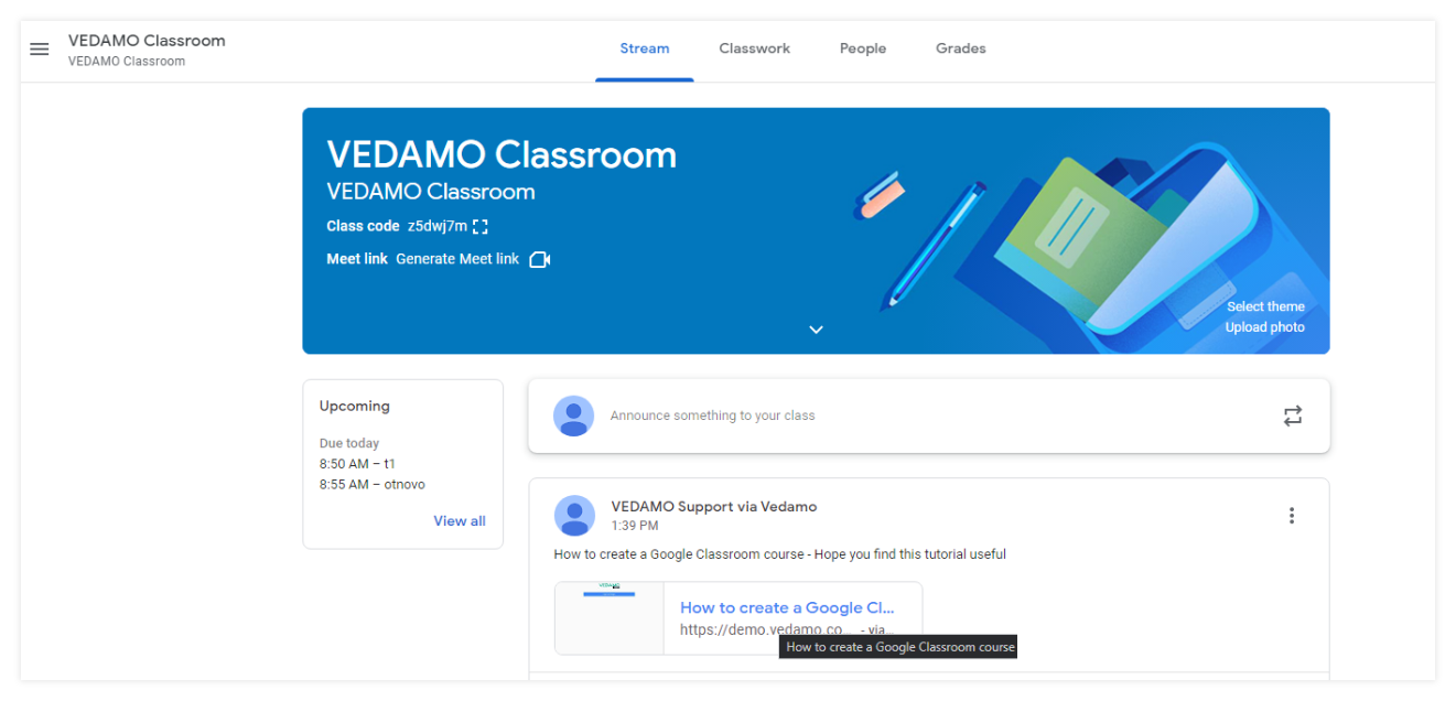 Permanent Links in the VEDAMO platform: this is how the participants dashboard will look like when logged in the Google classroom account