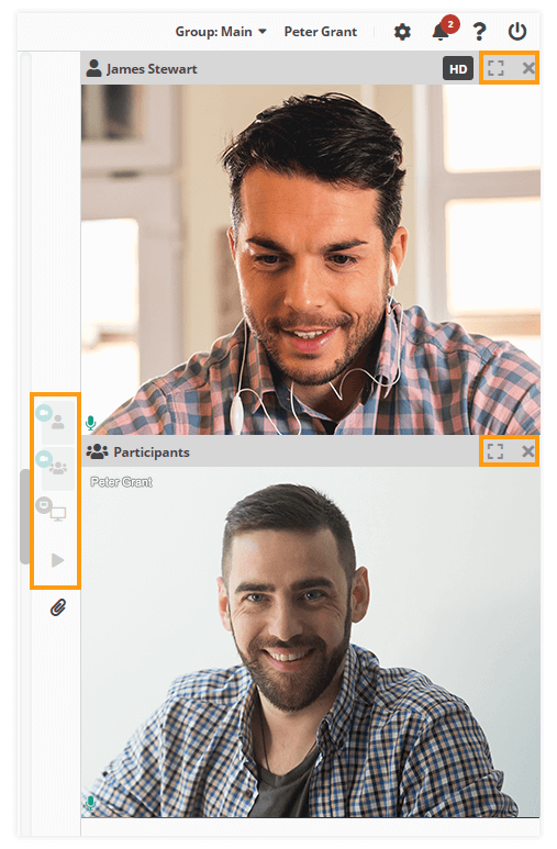 Video layout & Control of participants' video layout in VEDAMO Virtual Classroom: Example when the participant's layout replicates the host's some of the buttons are disabled for the participant's