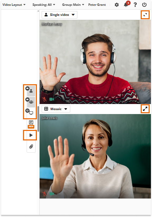 Video layout & Control of participants' video layout in VEDAMO Virtual Classroom: Hosts can manage the following buttons