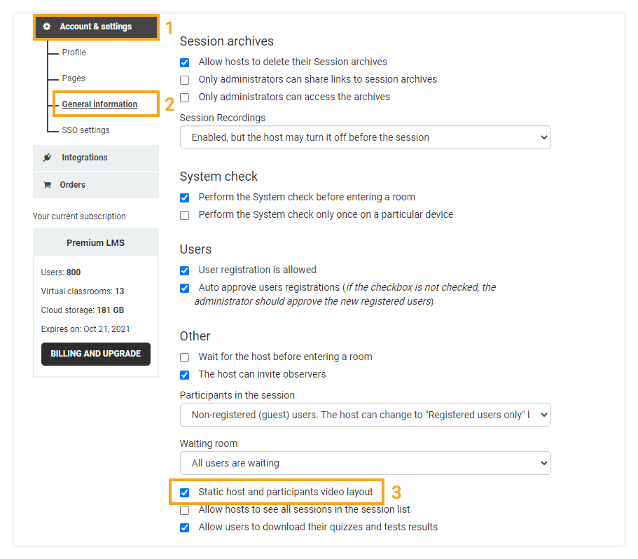 Video layout & Control of participants' video layout in VEDAMO Virtual Classroom: Turning on the static video layout on academy level