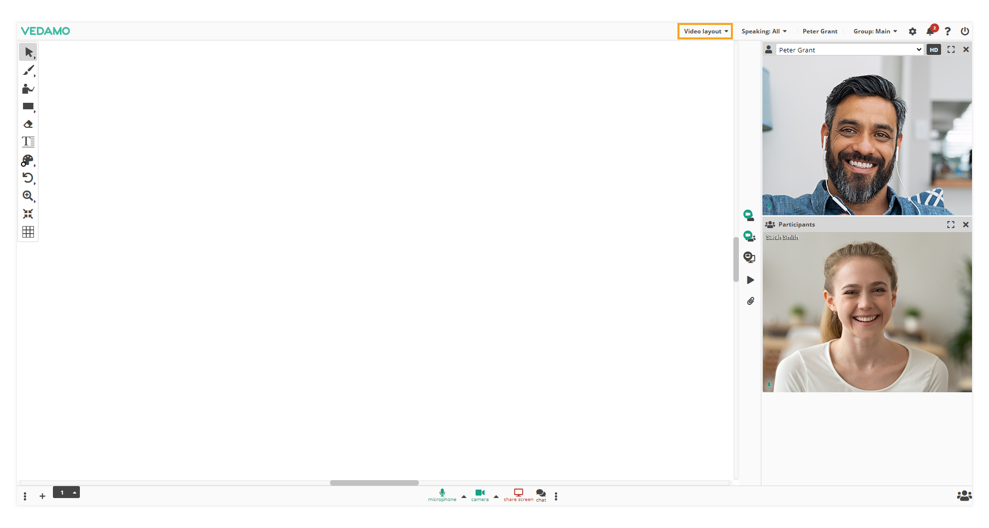Video layout & Control of participants' video layout in VEDAMO Virtual Classroom: Video layout control button