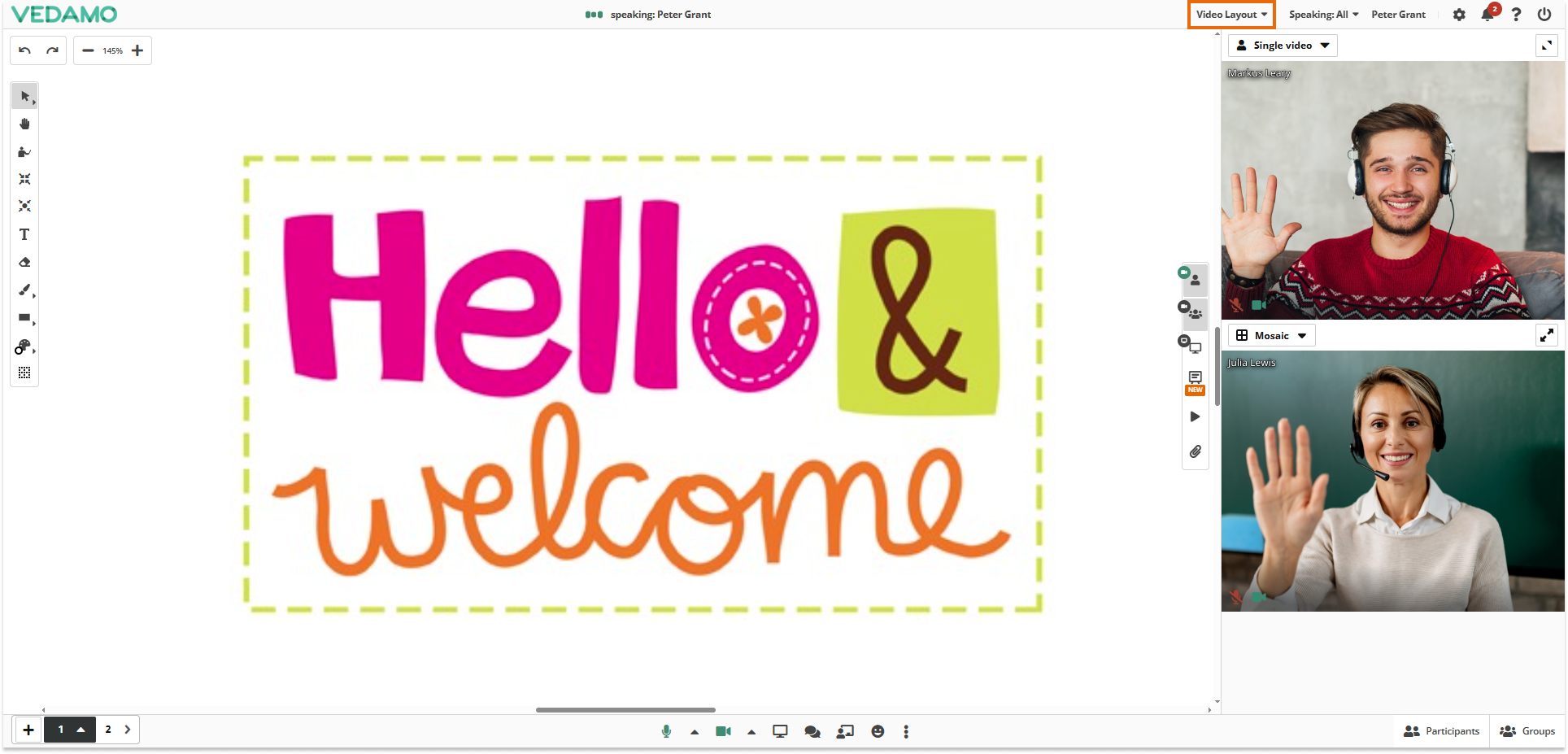 Video layout & Control of participants' video layout in VEDAMO Virtual Classroom: Video layout control button