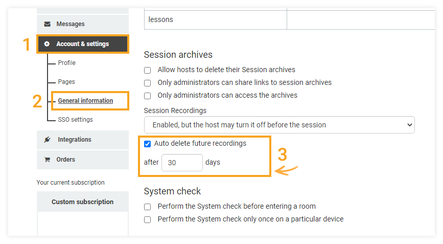 Interactive Recordings: Location of the Auto Delete function in the Account & Settings page
