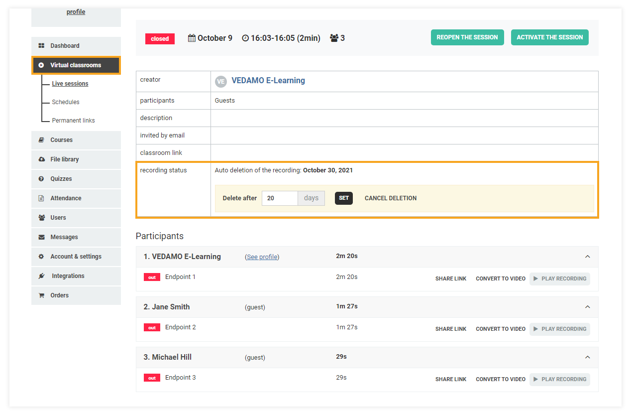 Interactive Recordings: Location of the individual session Auto Deletion menu