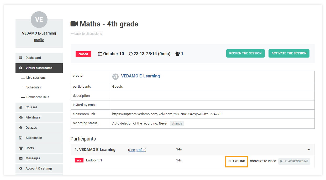 Interactive Recordings: Share Link button