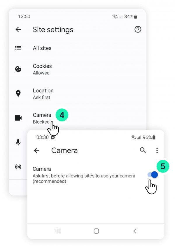 Blocked camera and microphone on Google Chrome while using Android phone: Camera toggle