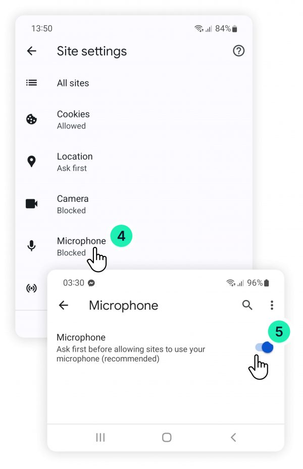 Blocked camera and microphone on Google Chrome while using Android phone: Microphone toggle