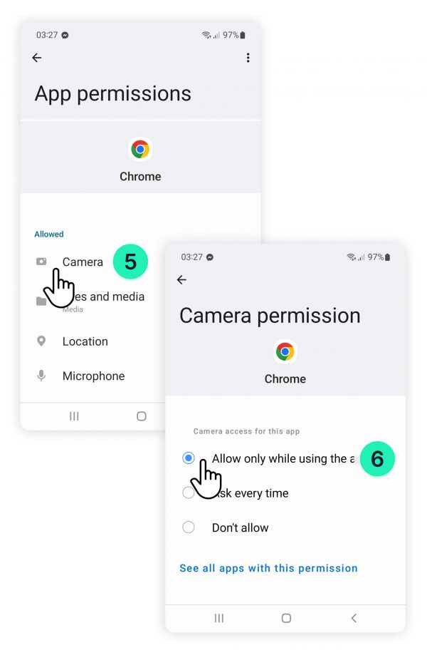 Blocked camera and microphone on Google Chrome Android phone from OS: Camera toggle