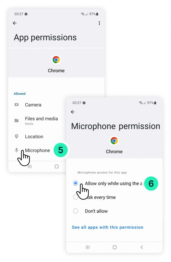 Blocked camera and microphone on Google Chrome Android phone from OS: Microphone toggle