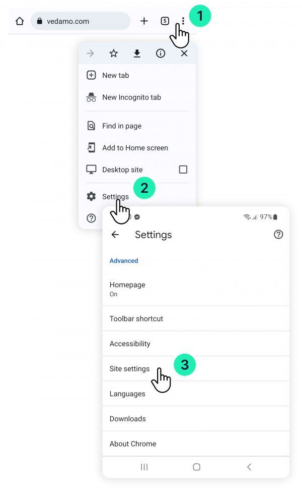 Blocked camera and microphone on Google Chrome while using Android phone: Android site settings