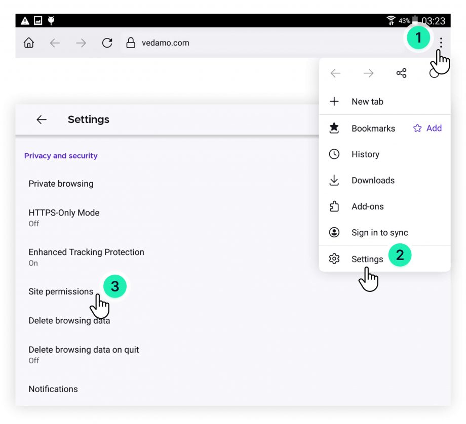 Blocked camera and microphone on Firefox Android Tablet: Firefox settings