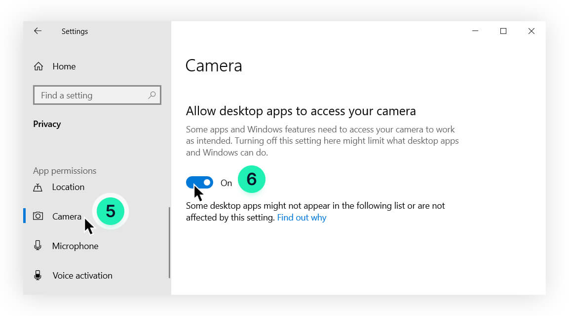 Blocked camera and microphone from Windows 10 OS: Camera toggle