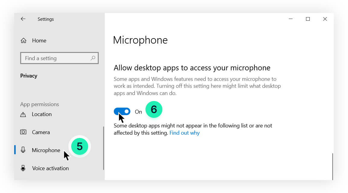 Blocked camera and microphone from Windows 10 OS: Microphone toggle