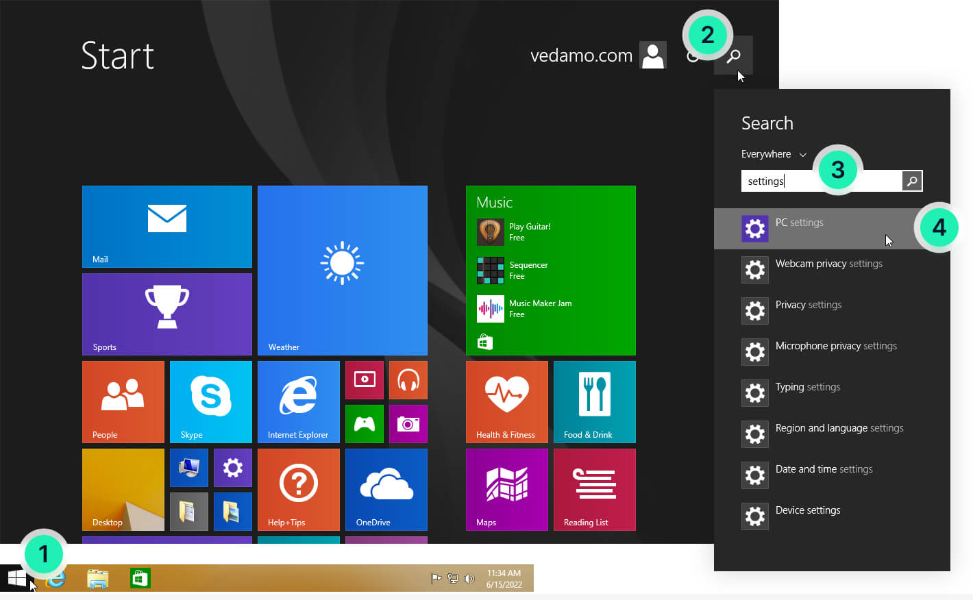 Blocked camera and microphone from Windows 8 OS: Windows 8 search menu
