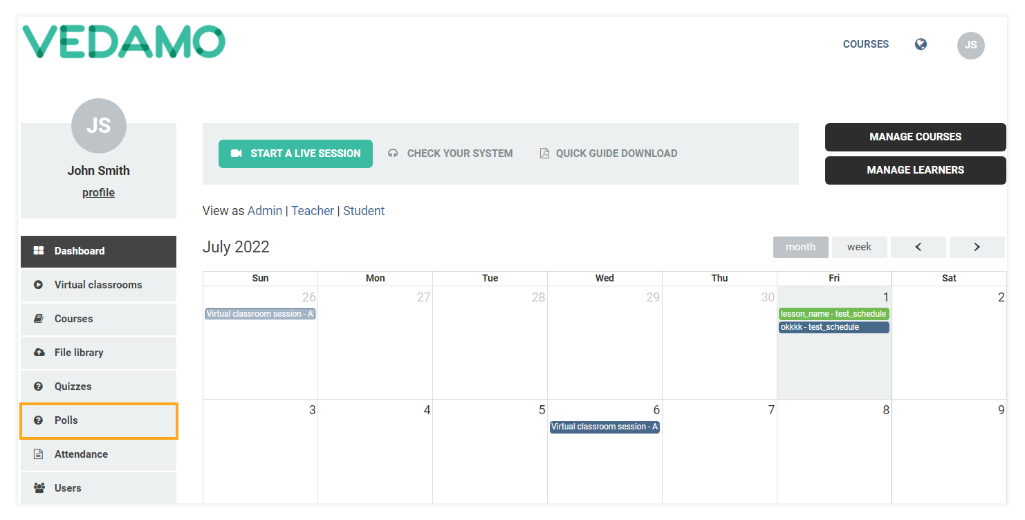 Polls in the Virtual Classroom and the LMS: Location of the polls in the dashboard