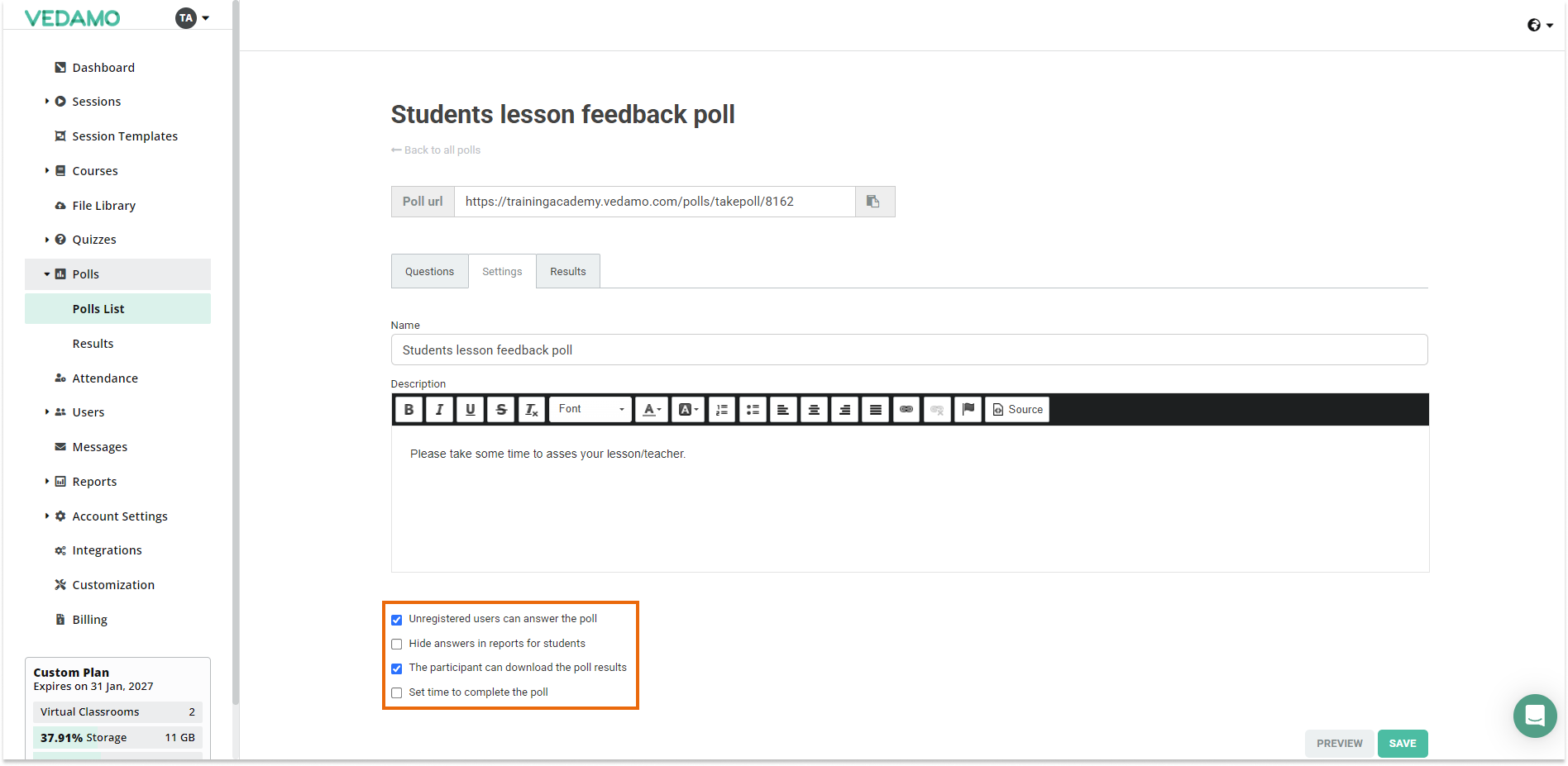 Polls in the Virtual Classroom and the LMS: Poll settings