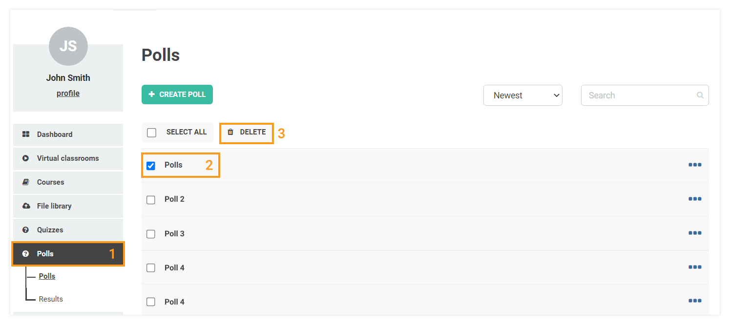 Polls in the Virtual Classroom and the LMS: Deleting poll(s)